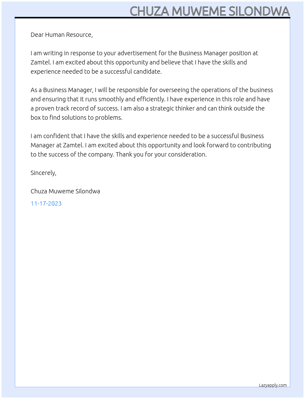 BUSINESS MANAGER At Zamtel Cover Letter
