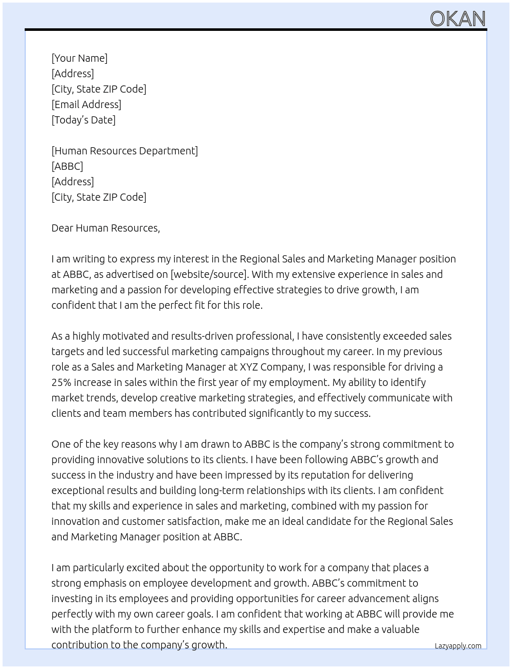 regional sales and marketing manager At ABBC Cover Letter