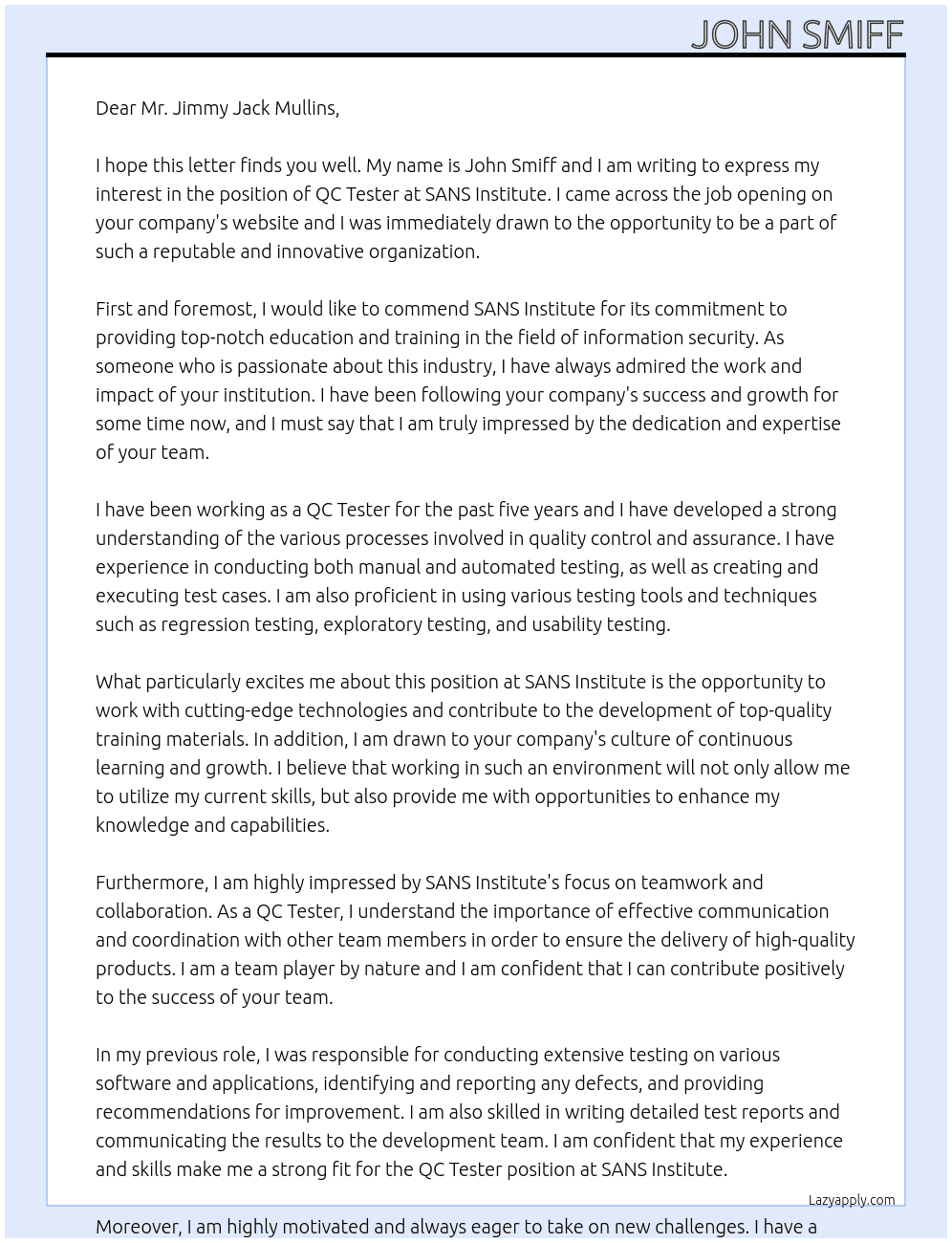 QC Tester At SANS Institute Cover Letter