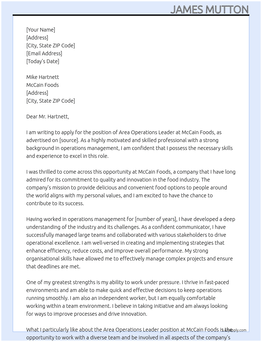 area operations leader At McCain Foods Cover Letter