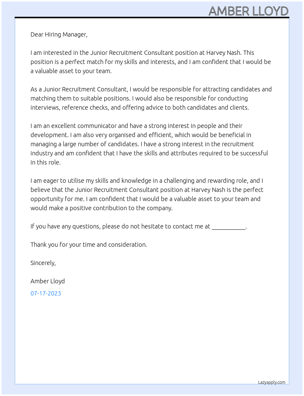 Junior recruitment consultant  At Harvey Nash Cover Letter