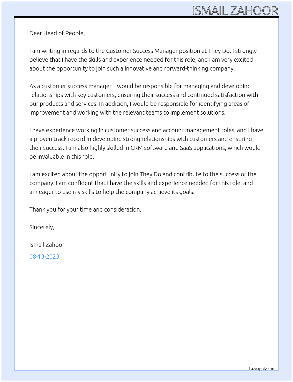 Customer Success Manager At They Do Cover Letter