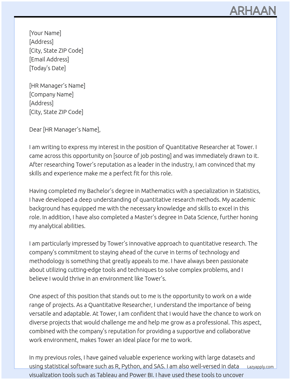 Quantitative Researcher At Tower Cover Letter
