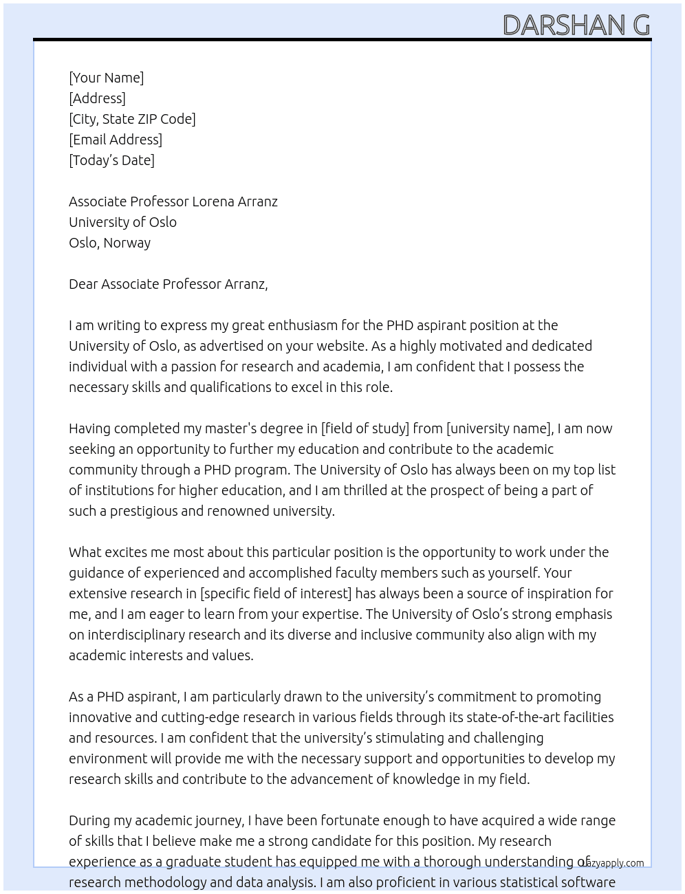 PHD aspirant At University of oslo Cover Letter