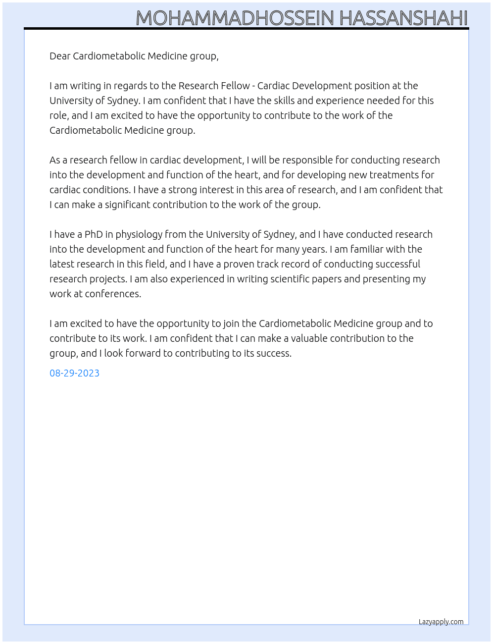 Research Fellow - Cardiac Development At University of Sydney  Cover Letter