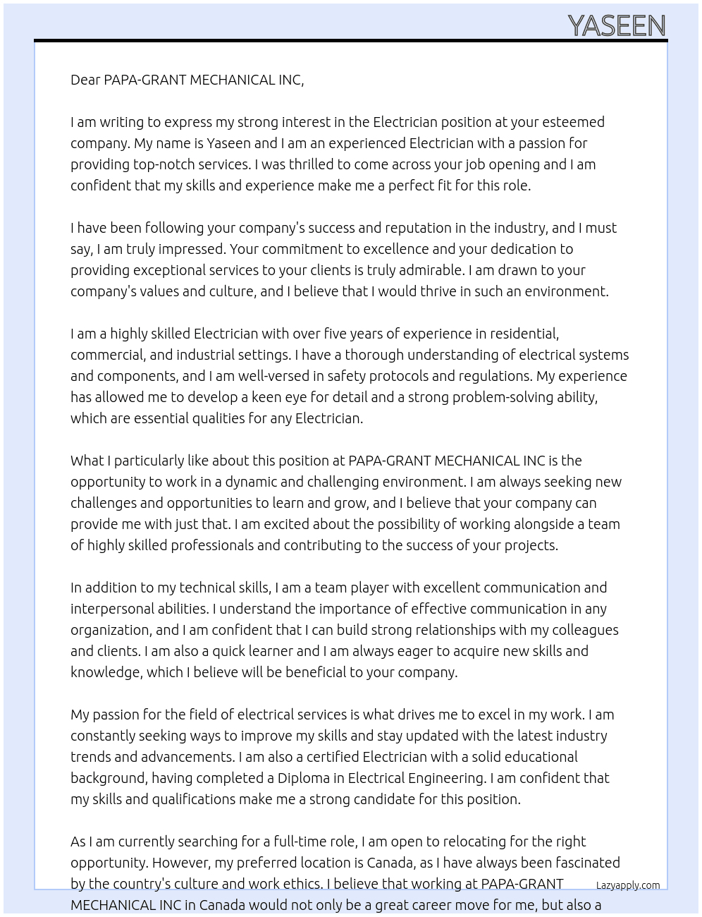 Electrician  At PAPA-GRANT MECHANICAL INC Cover Letter