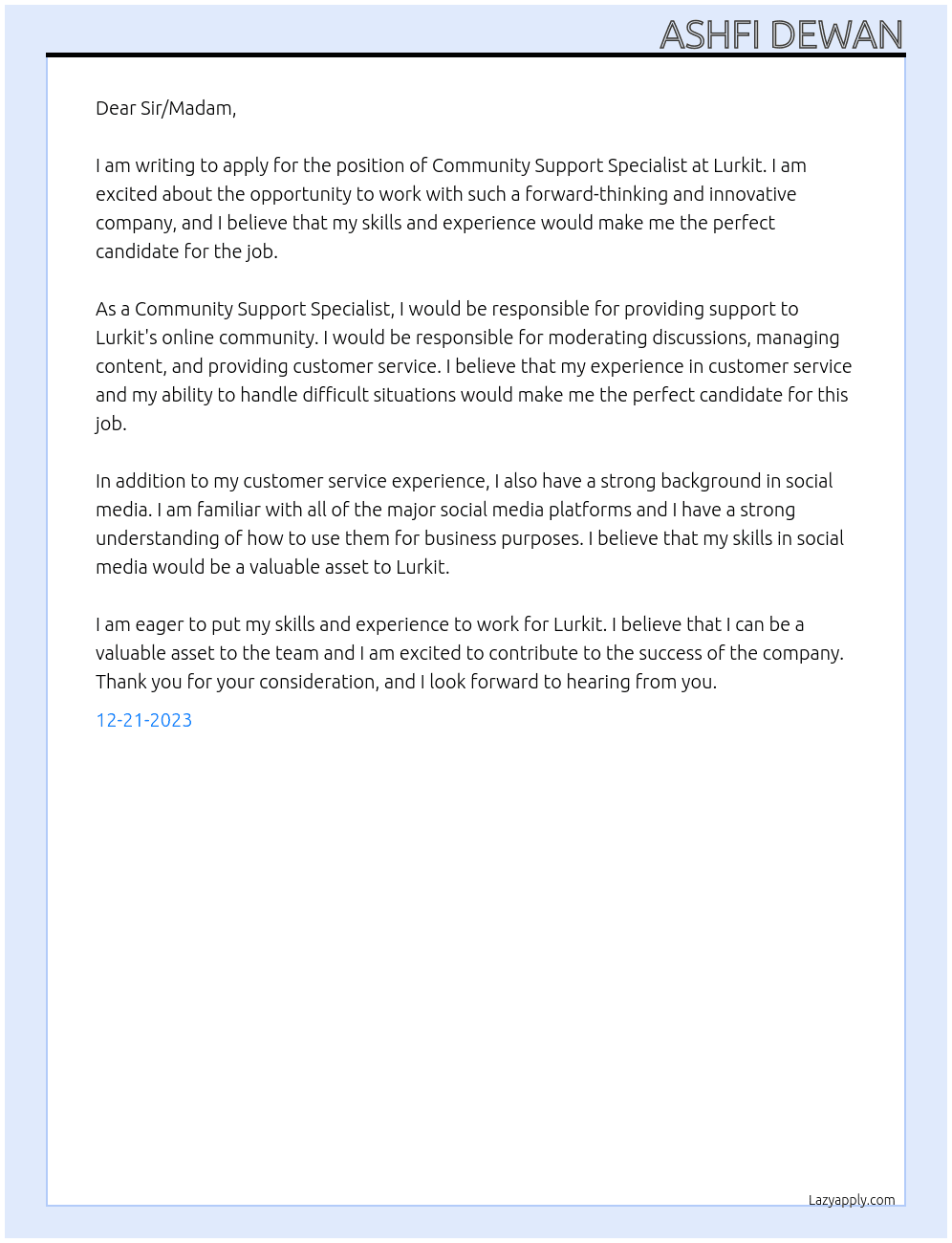 Community Support Specialist At Lurkit Cover Letter