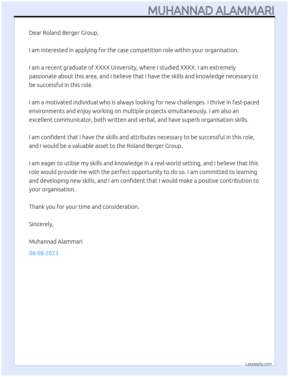 case competition At Roland Berger Group Cover Letter
