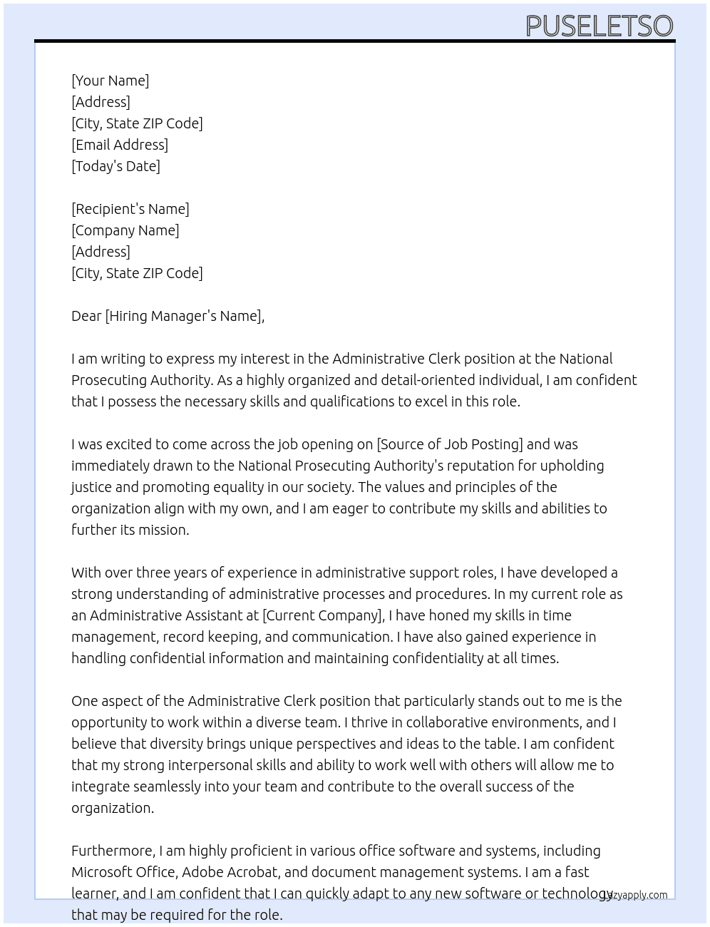 Administrative Clerk At National Prosecuting Authority Cover Letter
