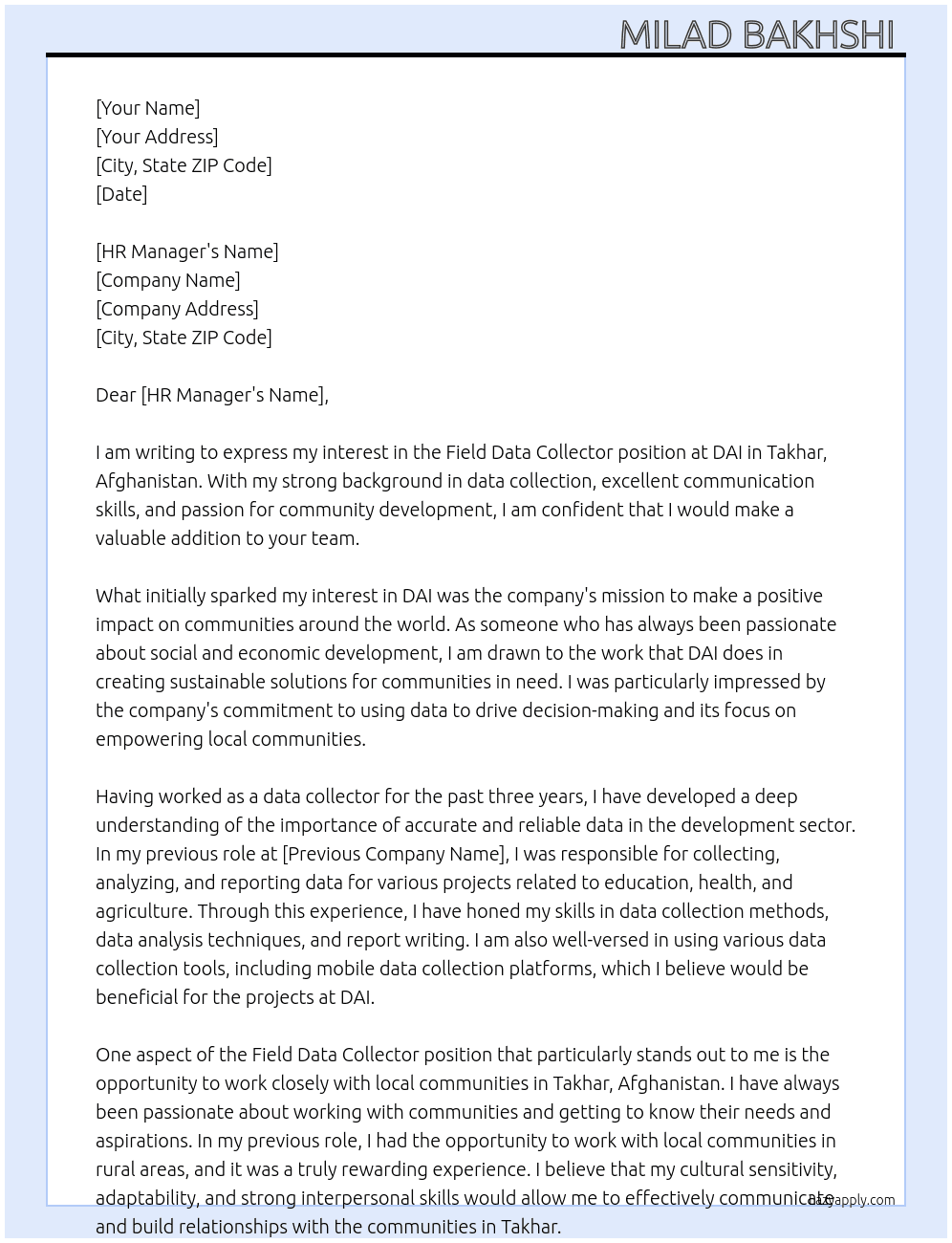 Field data collecter  At DAI Cover Letter