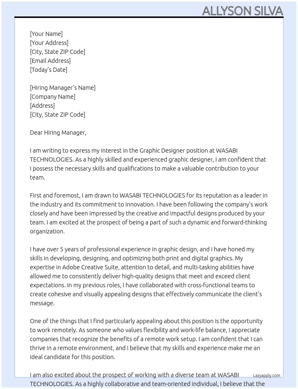 Graphic Designer  At WASABI TECHNOLOGIES Cover Letter