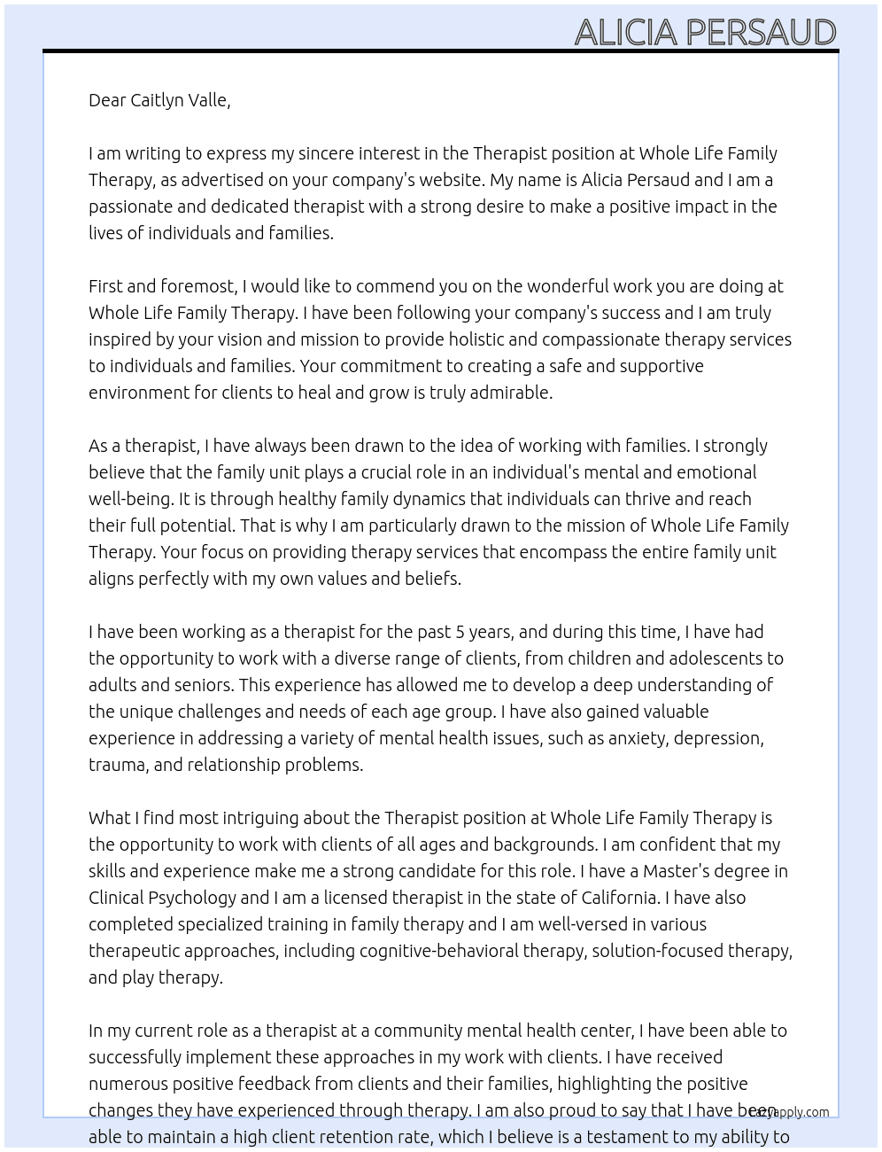 Therapist At Whole Life Family Therapy Cover Letter