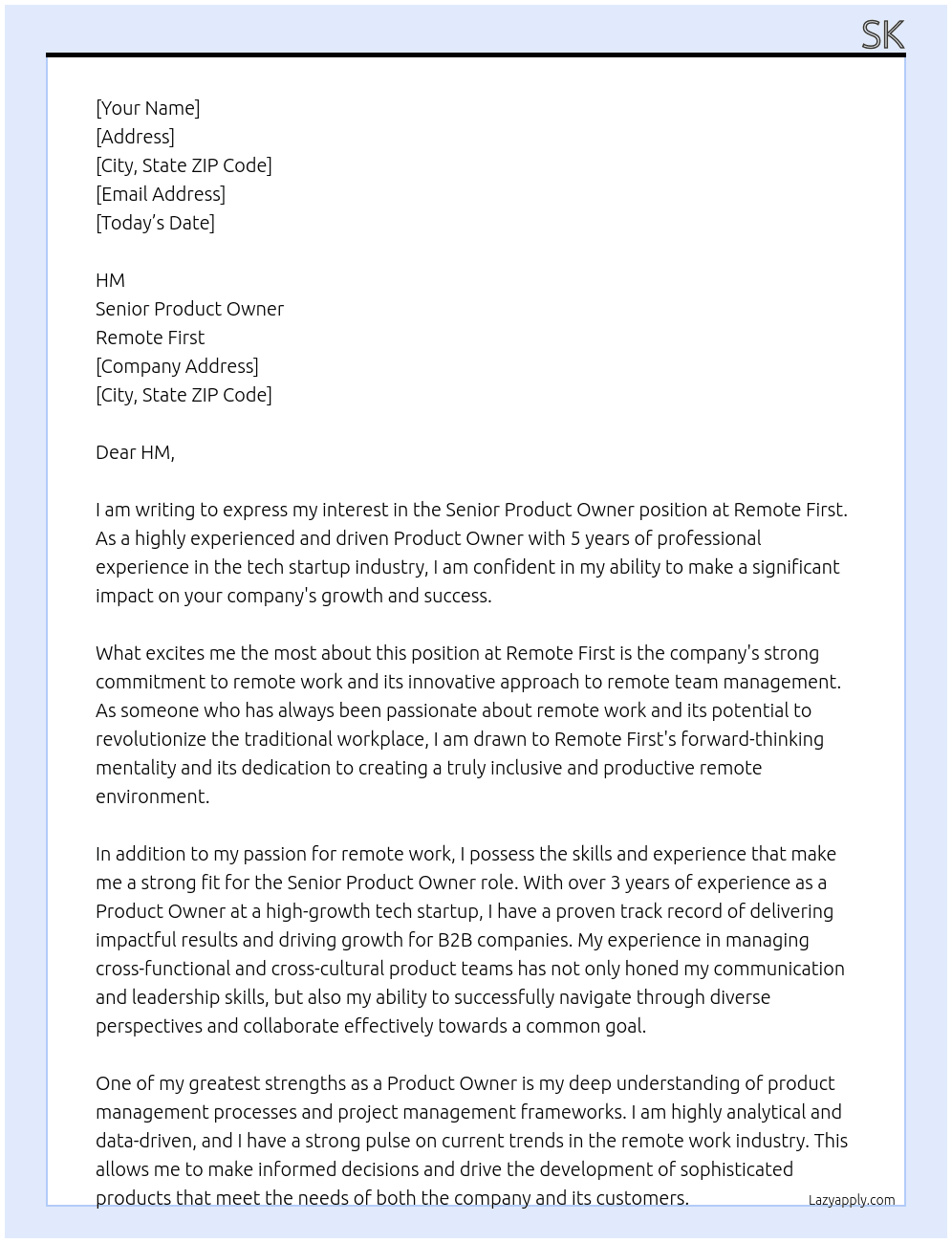 Senior product Owner At Remote First Cover Letter