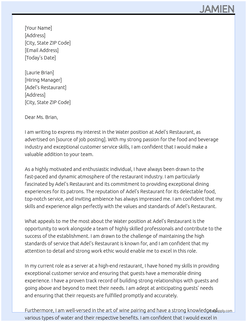 Water At Adel's Restaurant Cover Letter