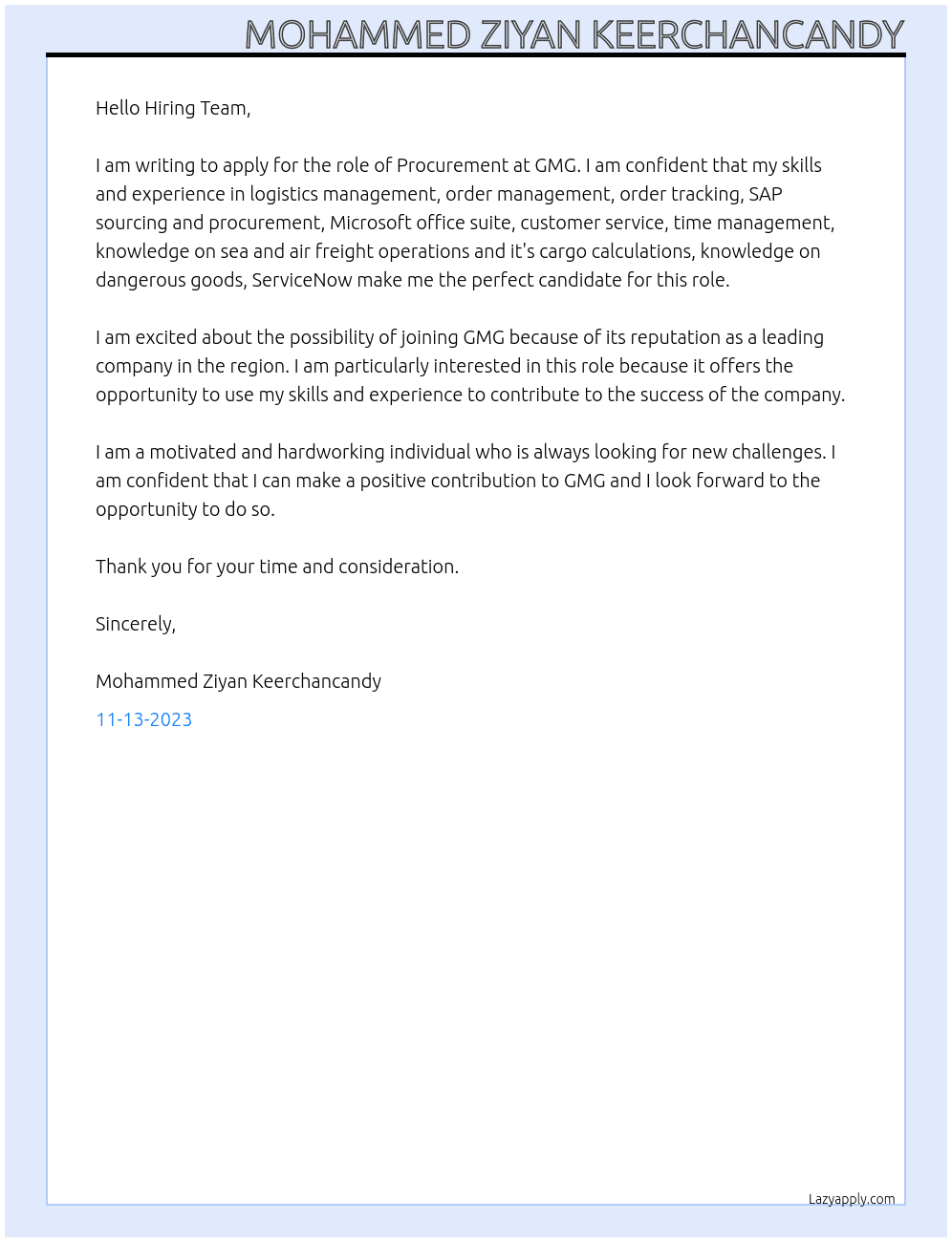 Procurement At GMG Cover Letter