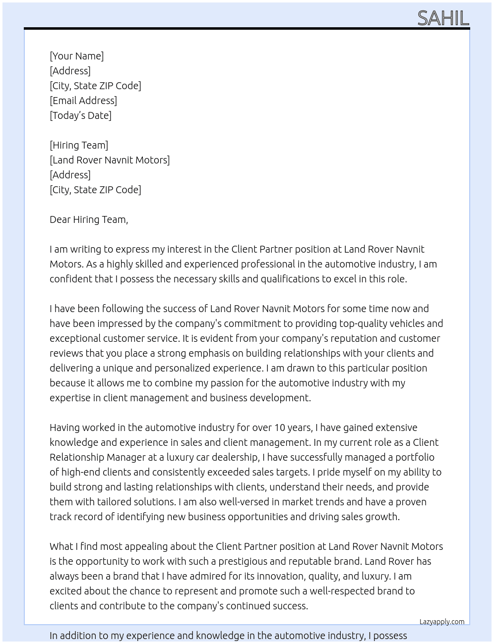 Cover letter for client partner - LazyApply
