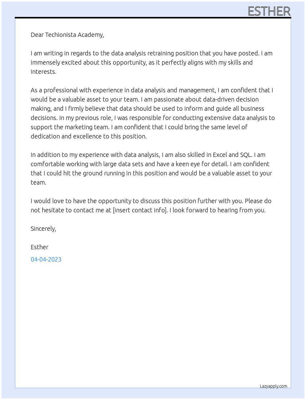 data analysis retraining At techionista academy Cover Letter