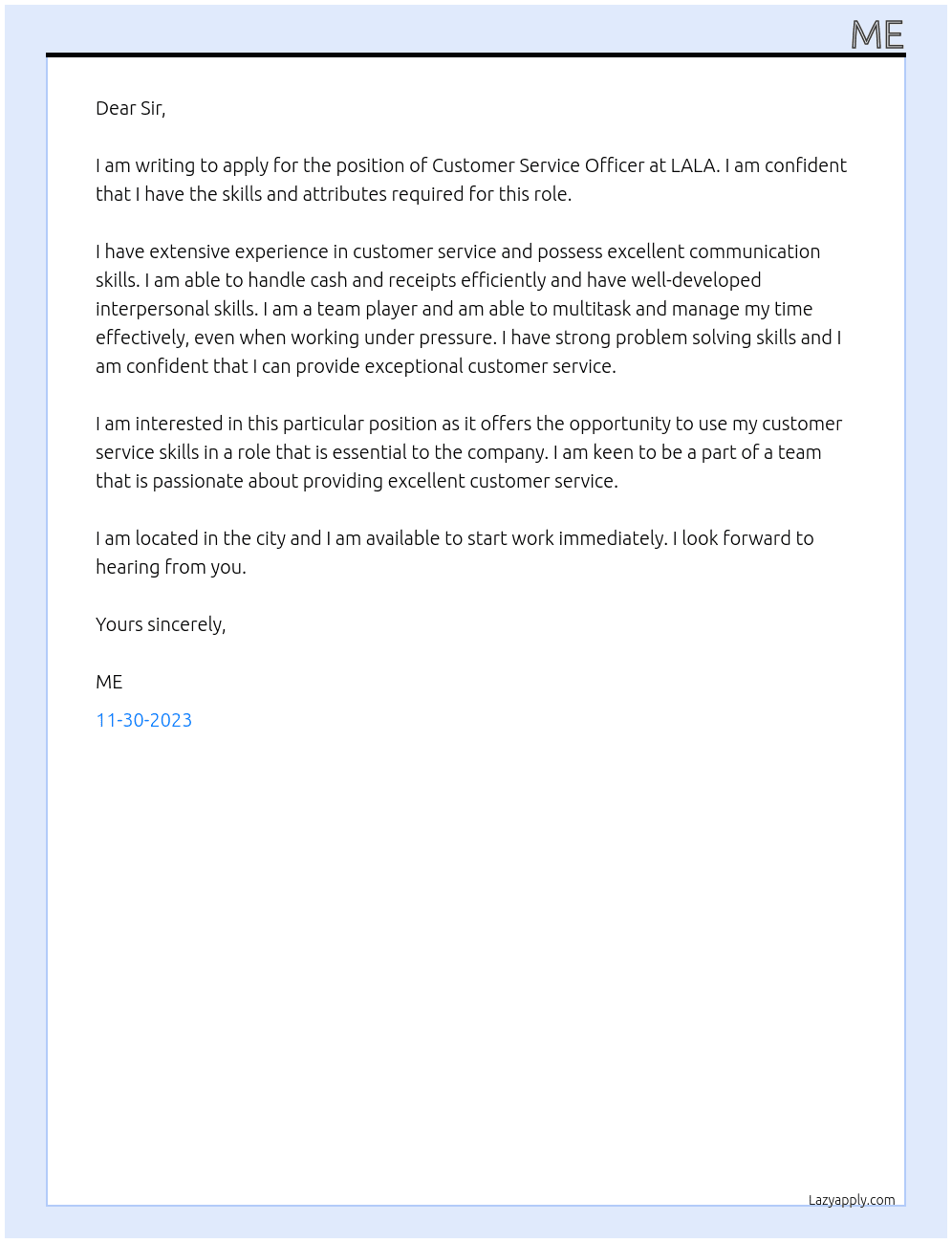 Customer Service Officer At LALA Cover Letter