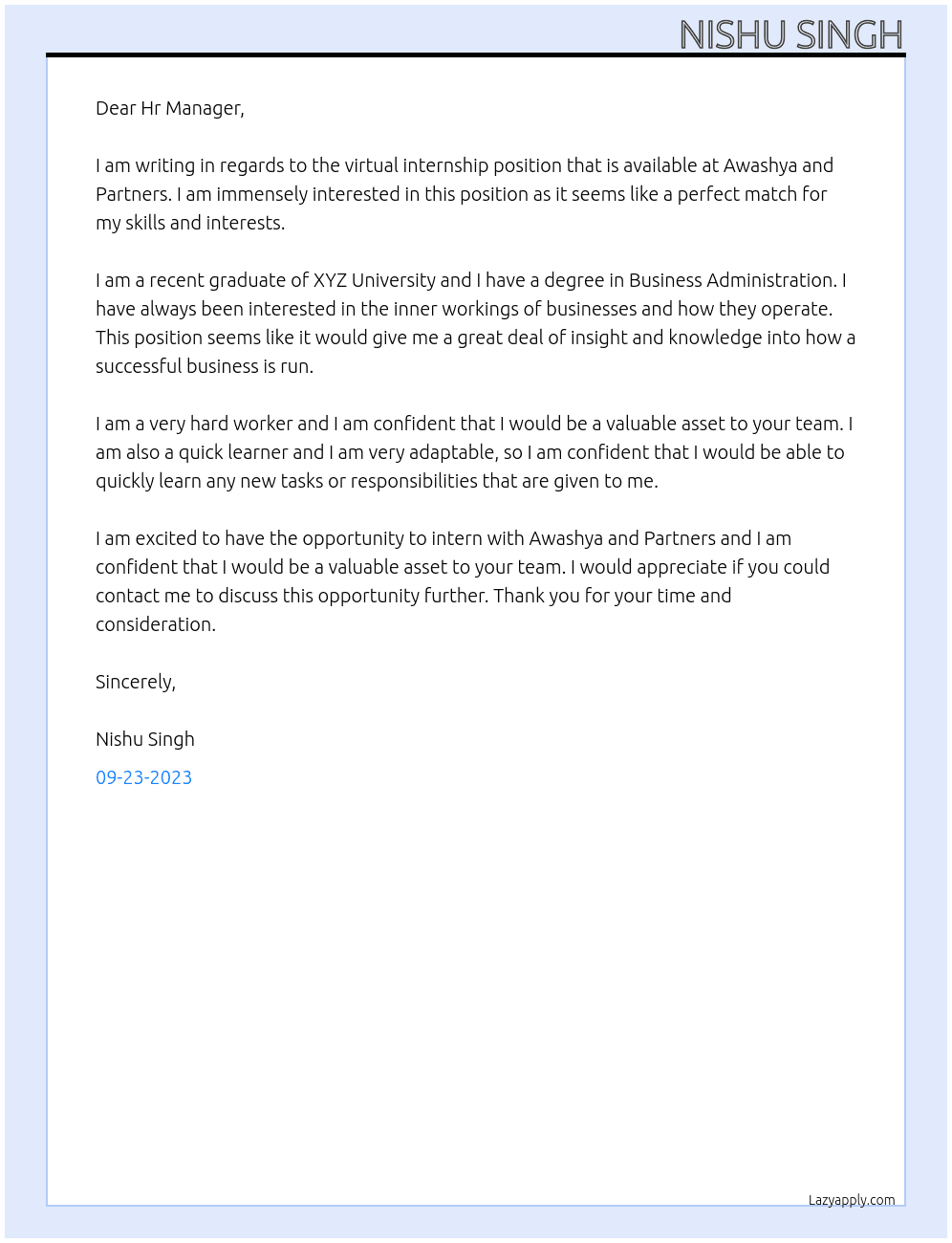 virtual internship At Awashya and Partners Cover Letter