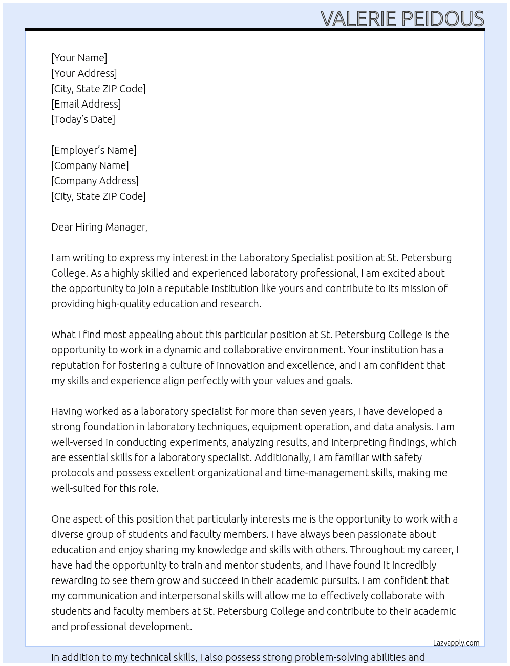 laboratory specialist At st petersburg college Cover Letter