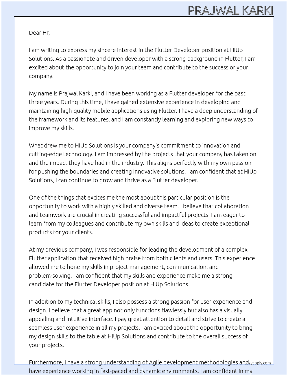 Flutter developer At HiUp Solutions Cover Letter