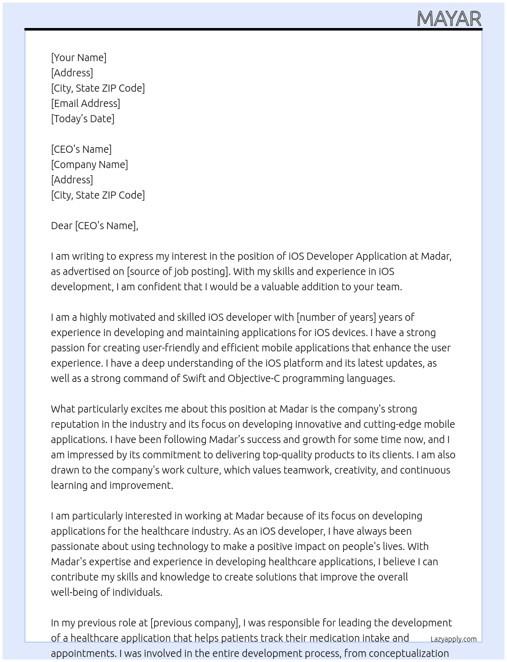 iOS Developer Application At Madar Cover Letter