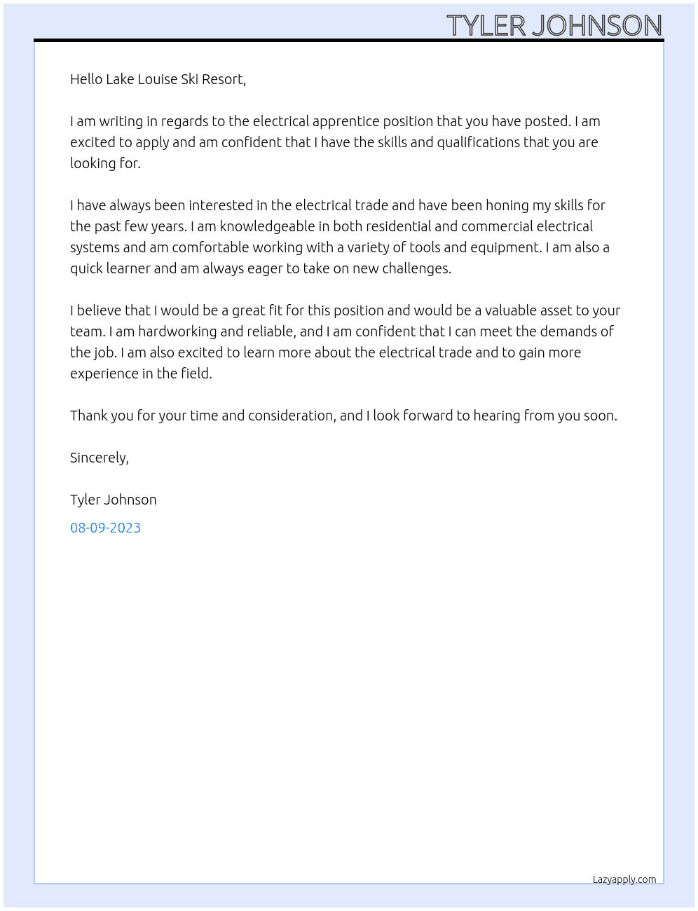 Electrical Apprentice At Lake Louise Ski Resort Cover Letter