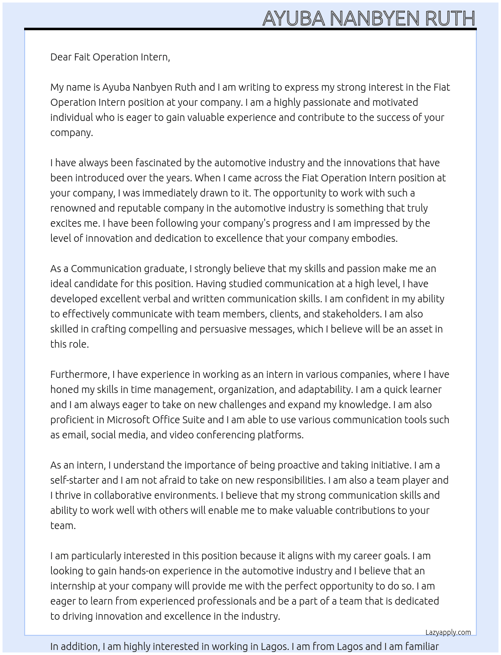 Fiat Operation Intern.  At Fiat Operation Intern.  Cover Letter