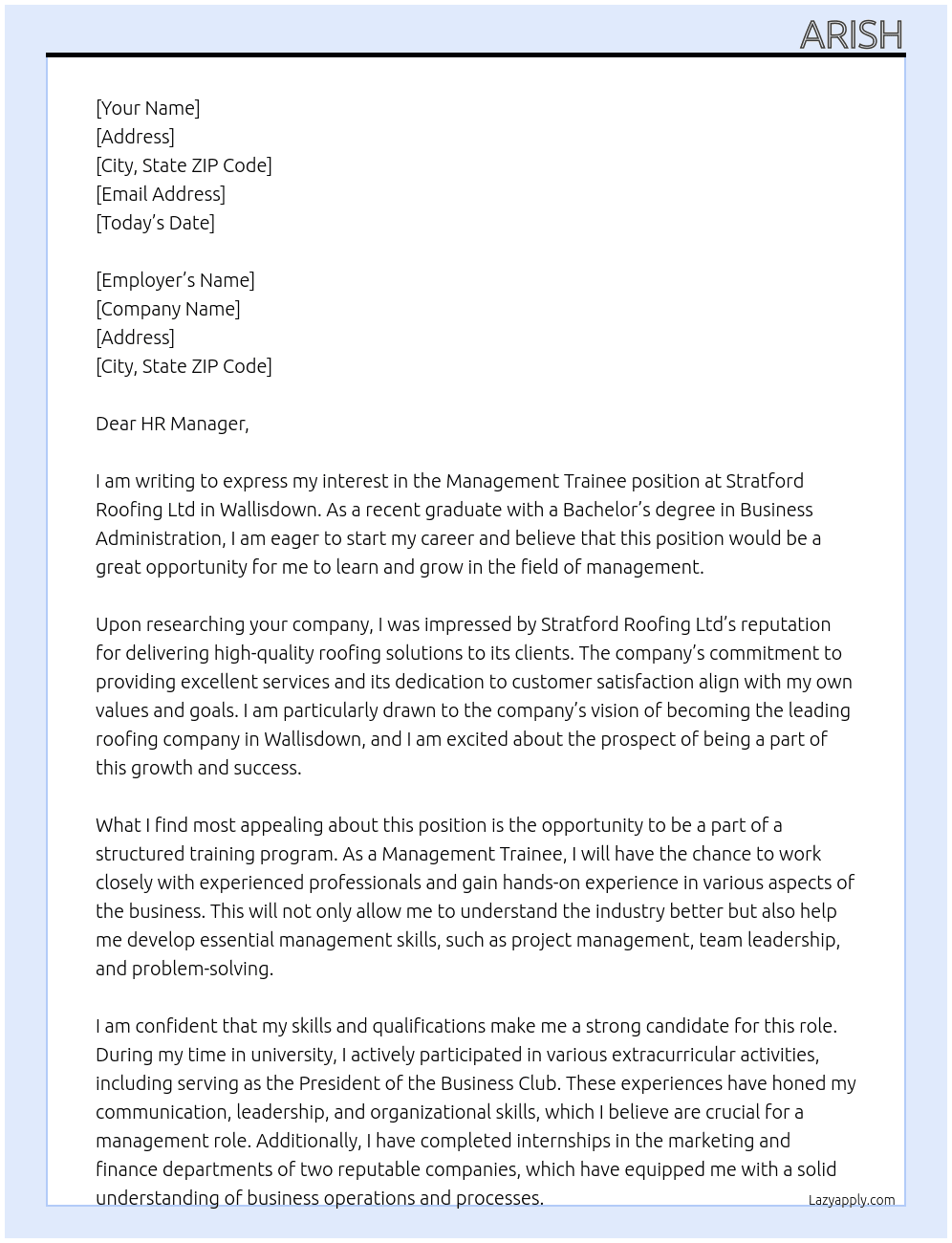 Management Trainee At Stratford Roofing Ltd - Wallisdown Cover Letter