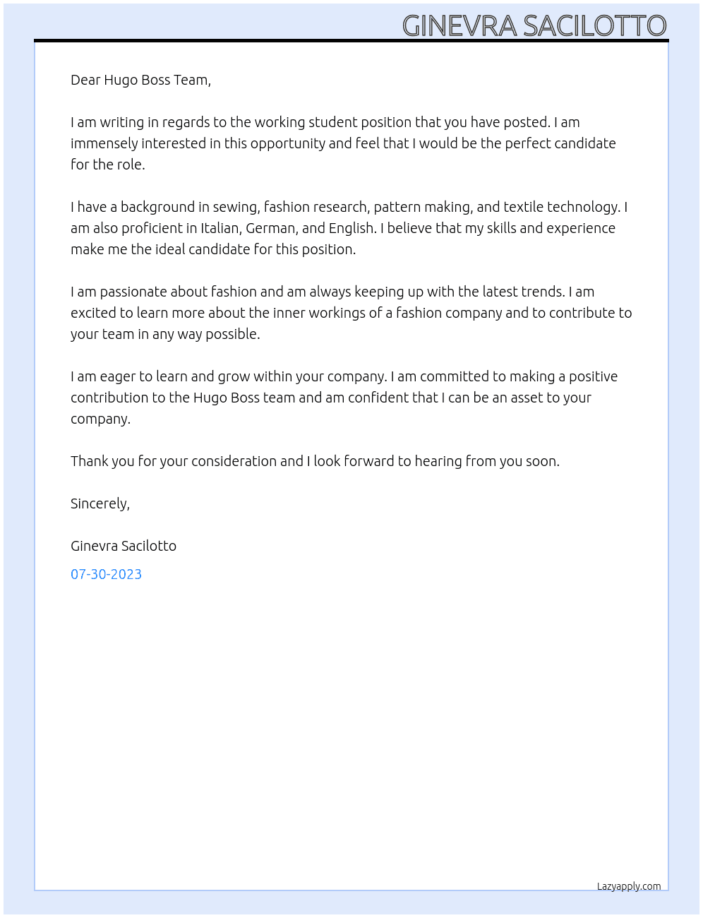 working student At Hugo Boss Cover Letter