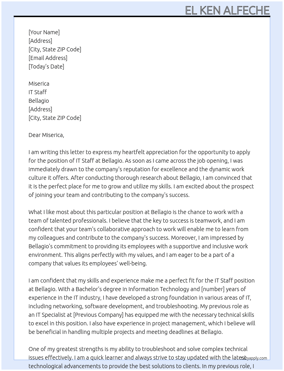 IT Staff At BELLAGIO Cover Letter