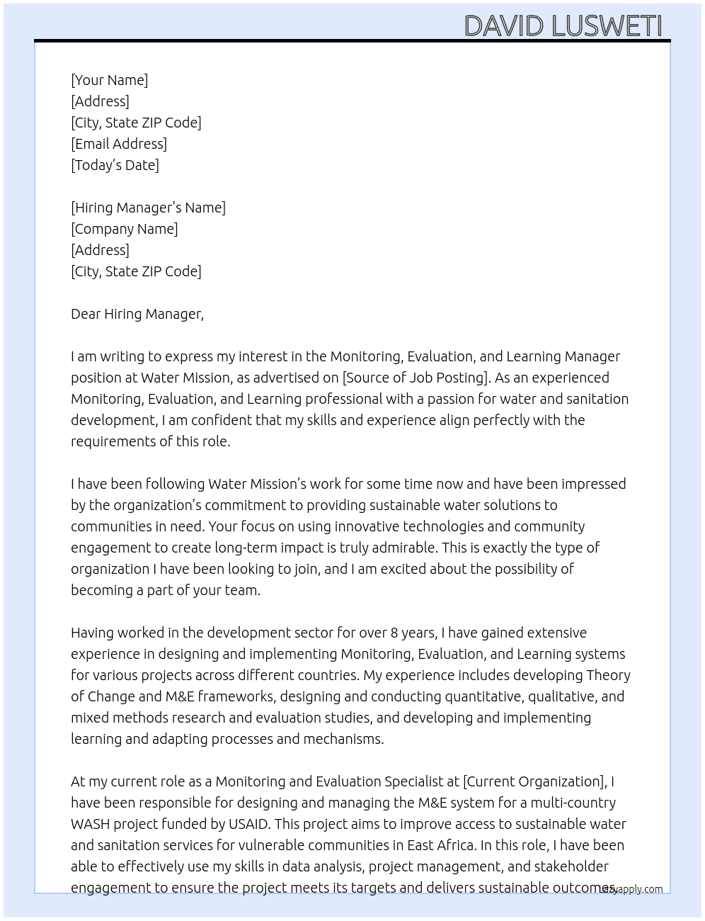 Monitoring, Evaluation, and Learning Manager, Kitale At Water Mission Cover Letter