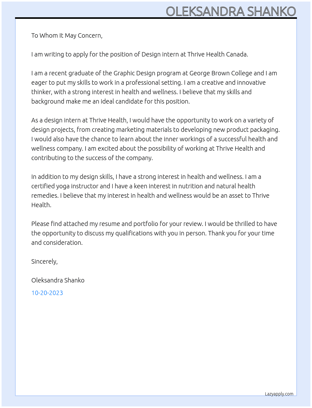 Design intern At Thrive Health Cover Letter