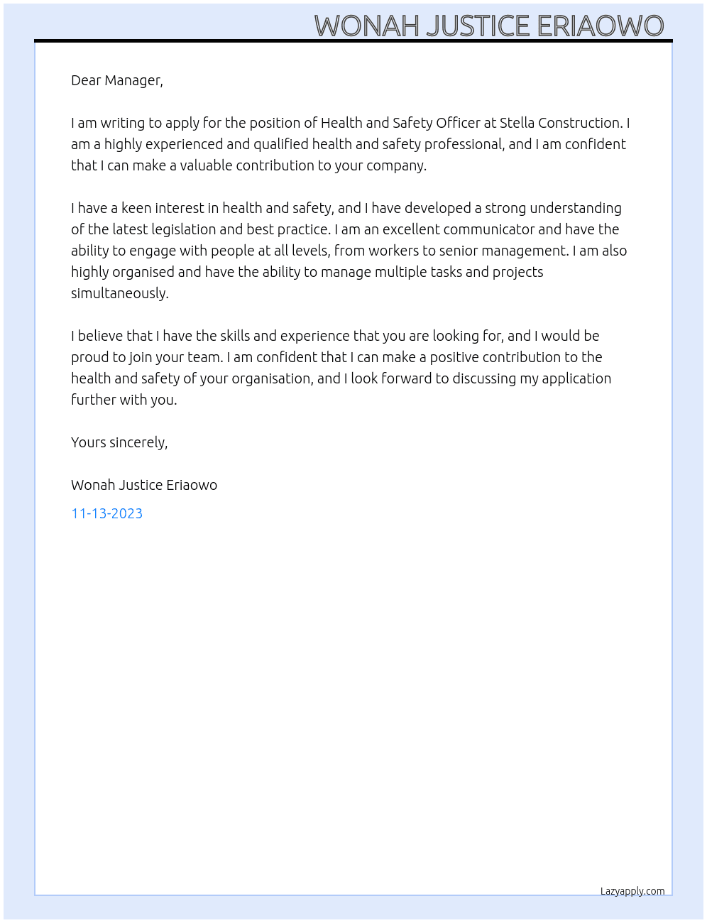 Health and sefety  At Stella construction  Cover Letter