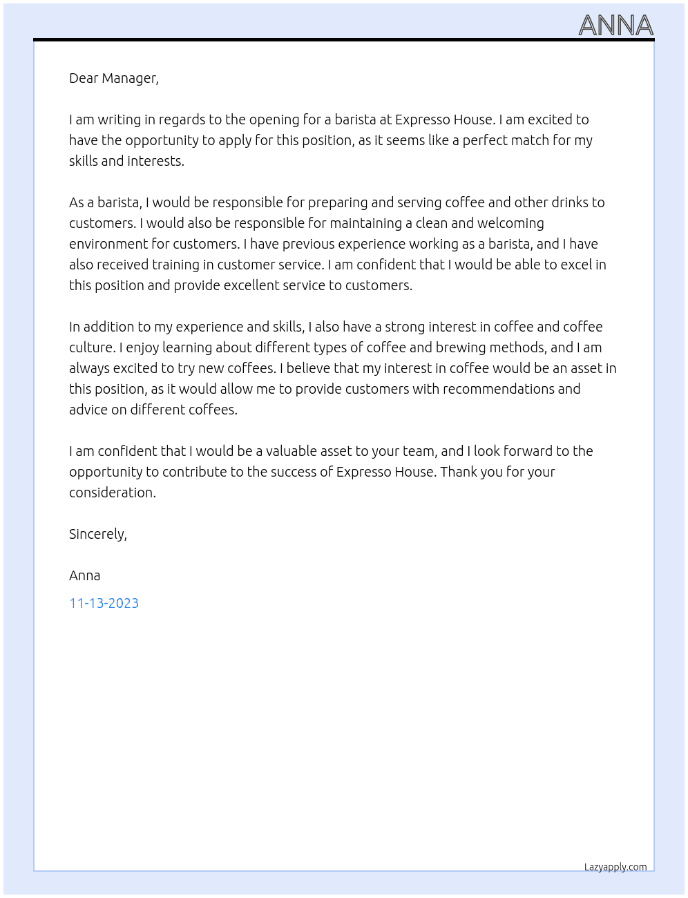 Barista At Expresso House Cover Letter