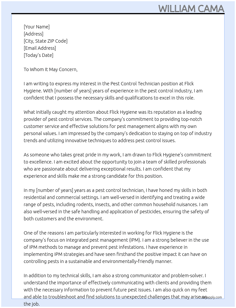 Pest Control Technician  At Flick Hygiene  Cover Letter