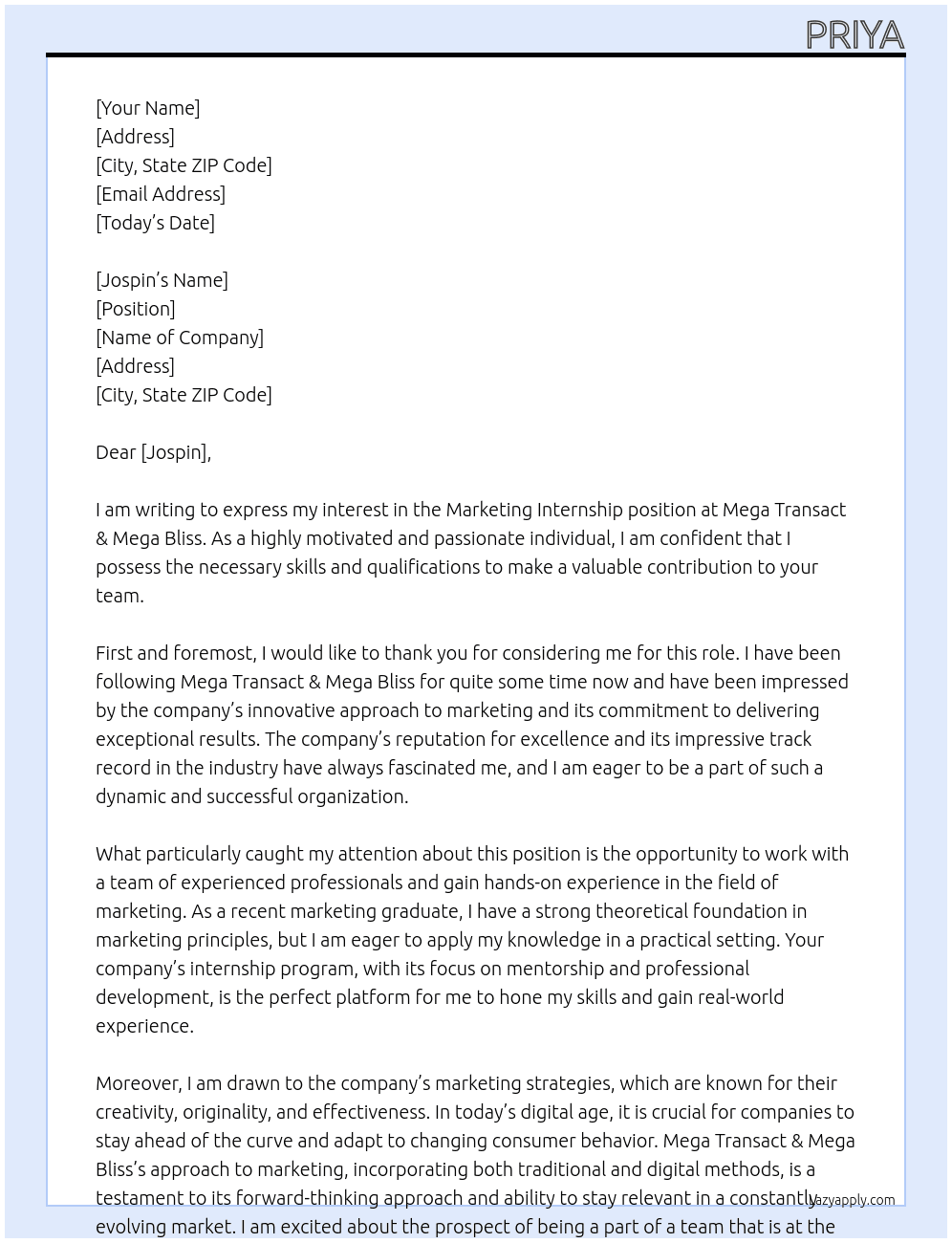 marketing internship At Mega Transact & Mega bliss  Cover Letter