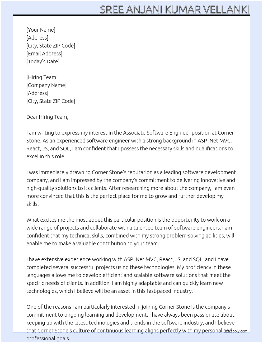 Associate Software Engineer At Corner Stone Cover Letter