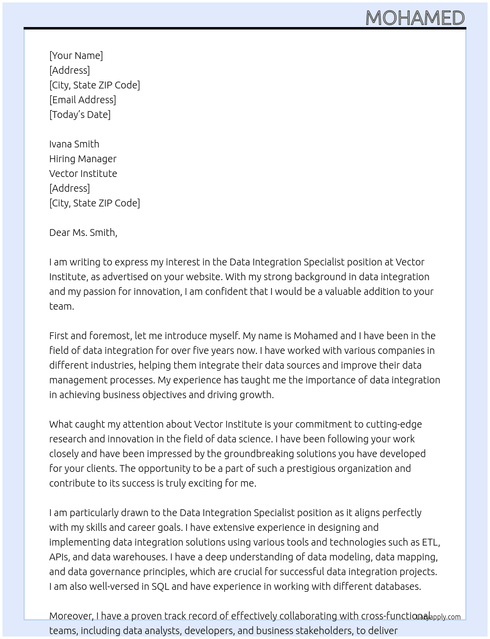 Data Integration Specialist At Vector Institute Cover Letter
