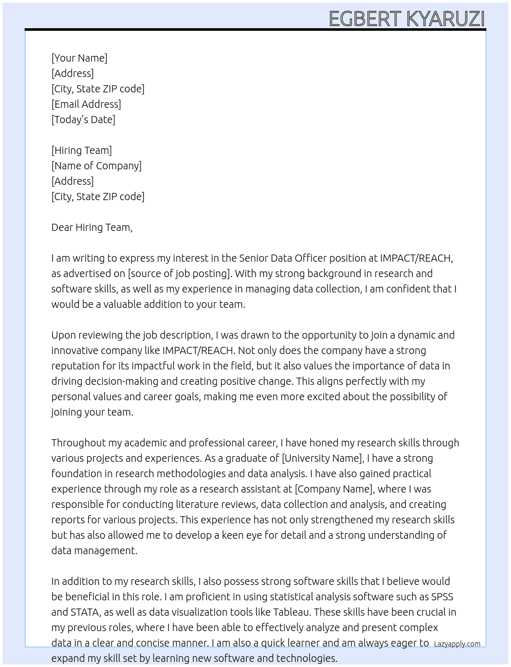 Senior Data Officer At IMPACT/REACH Cover Letter