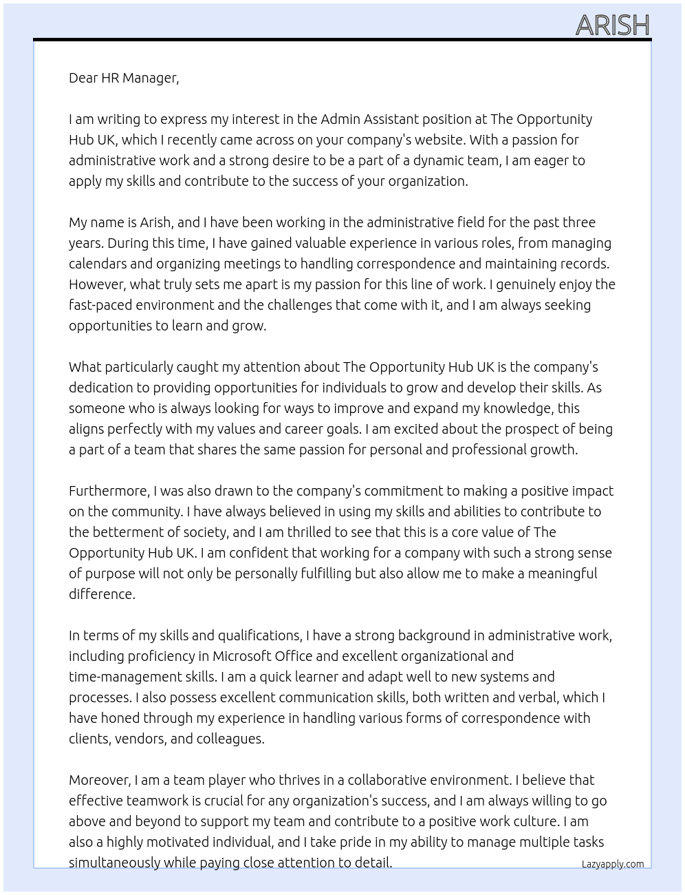 Admin Assistant  At The Opportunity Hub UK Cover Letter