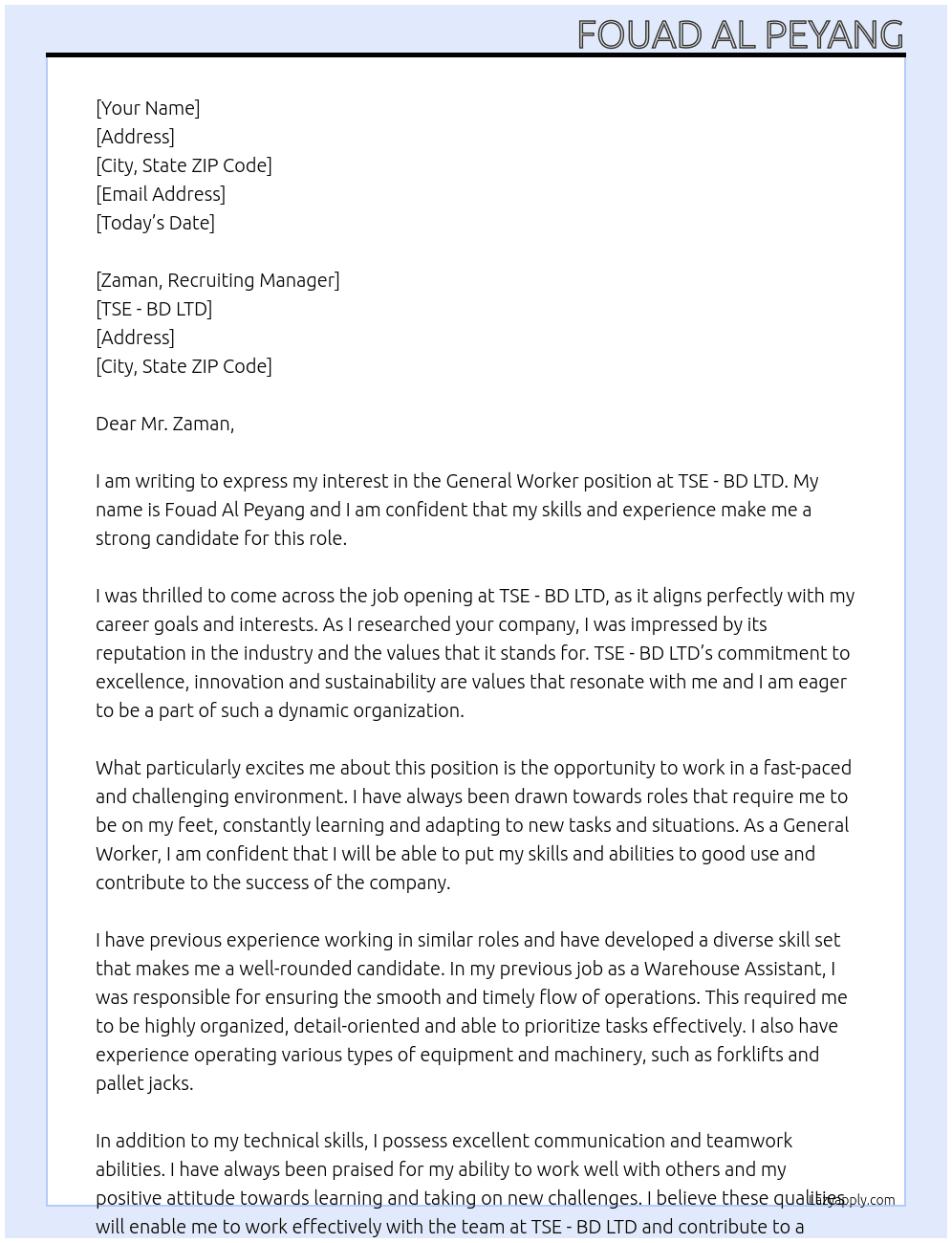 General worker At TSE - BD LTD Cover Letter