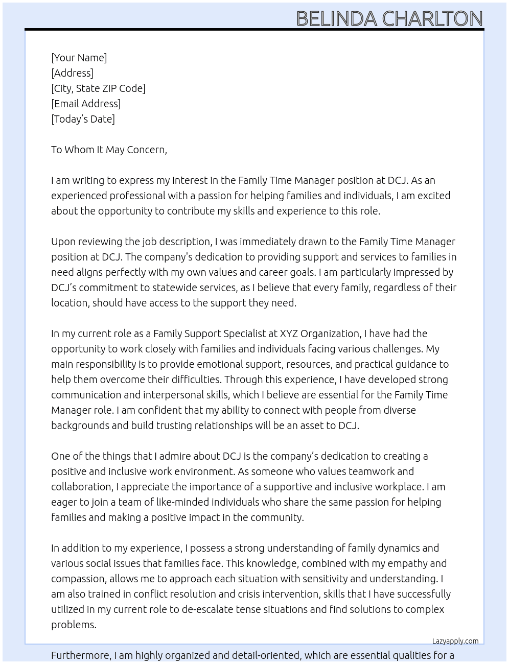 Family Time Manager At DCJ Cover Letter