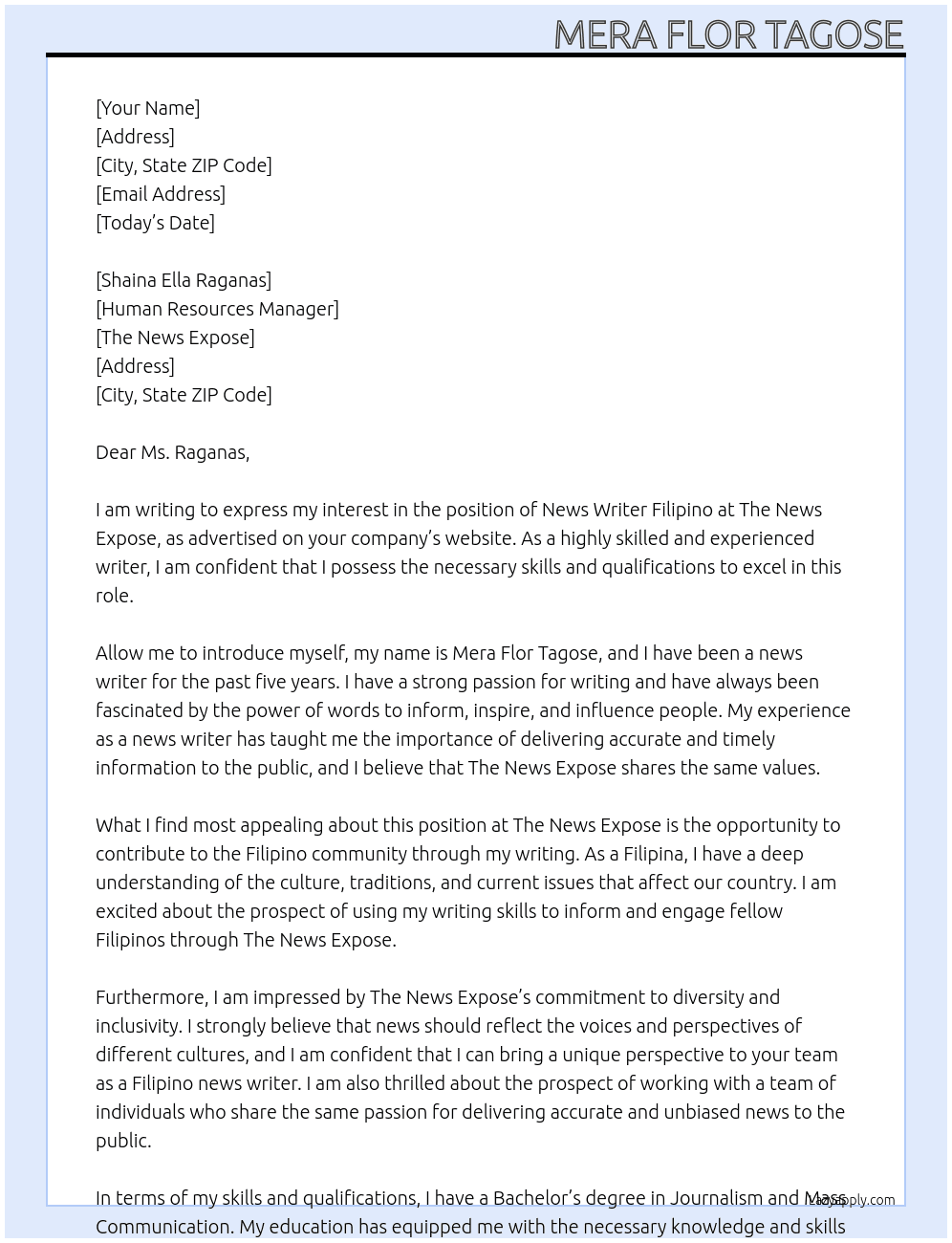 news writer filipino At The News Expose Cover Letter