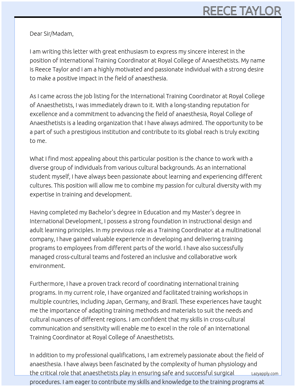 International Training Coordinator At  Royal College of Anaesthetists Cover Letter