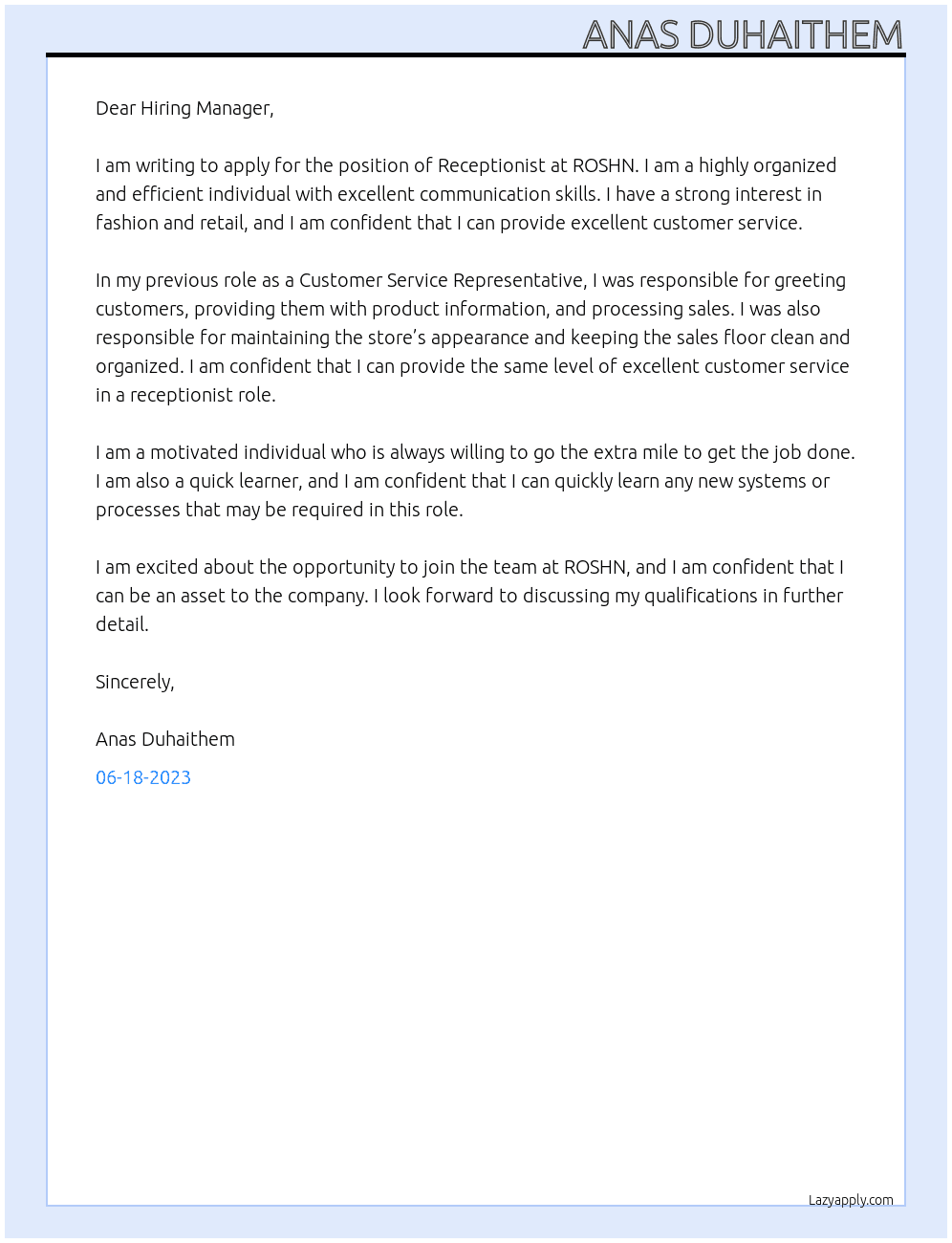 Receptionist  At ROSHN Cover Letter