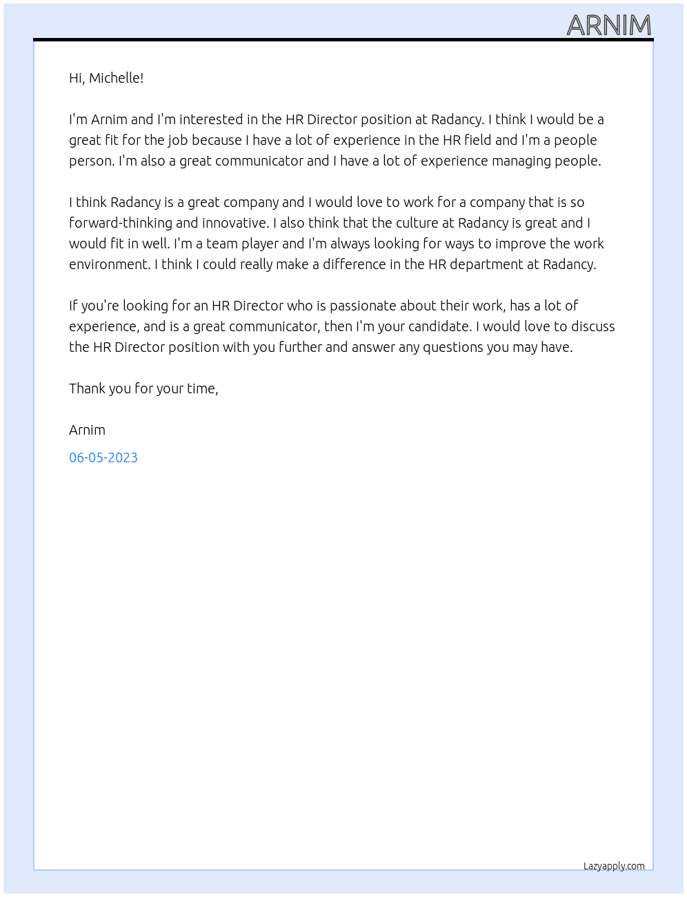 HR Director At Radancy Cover Letter