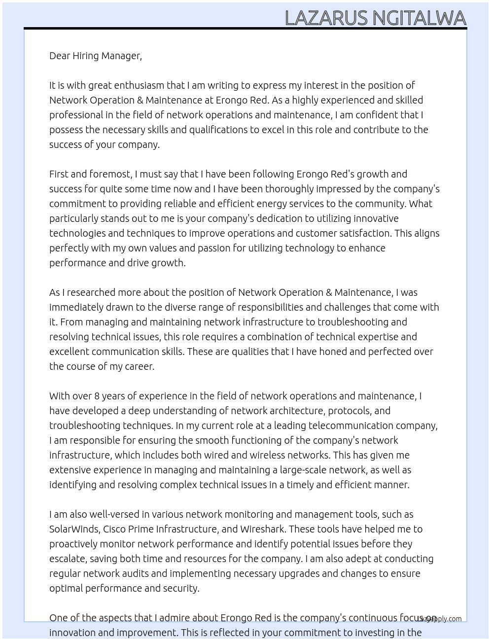 Network Operation & Maintenance At Erongo Red Cover Letter