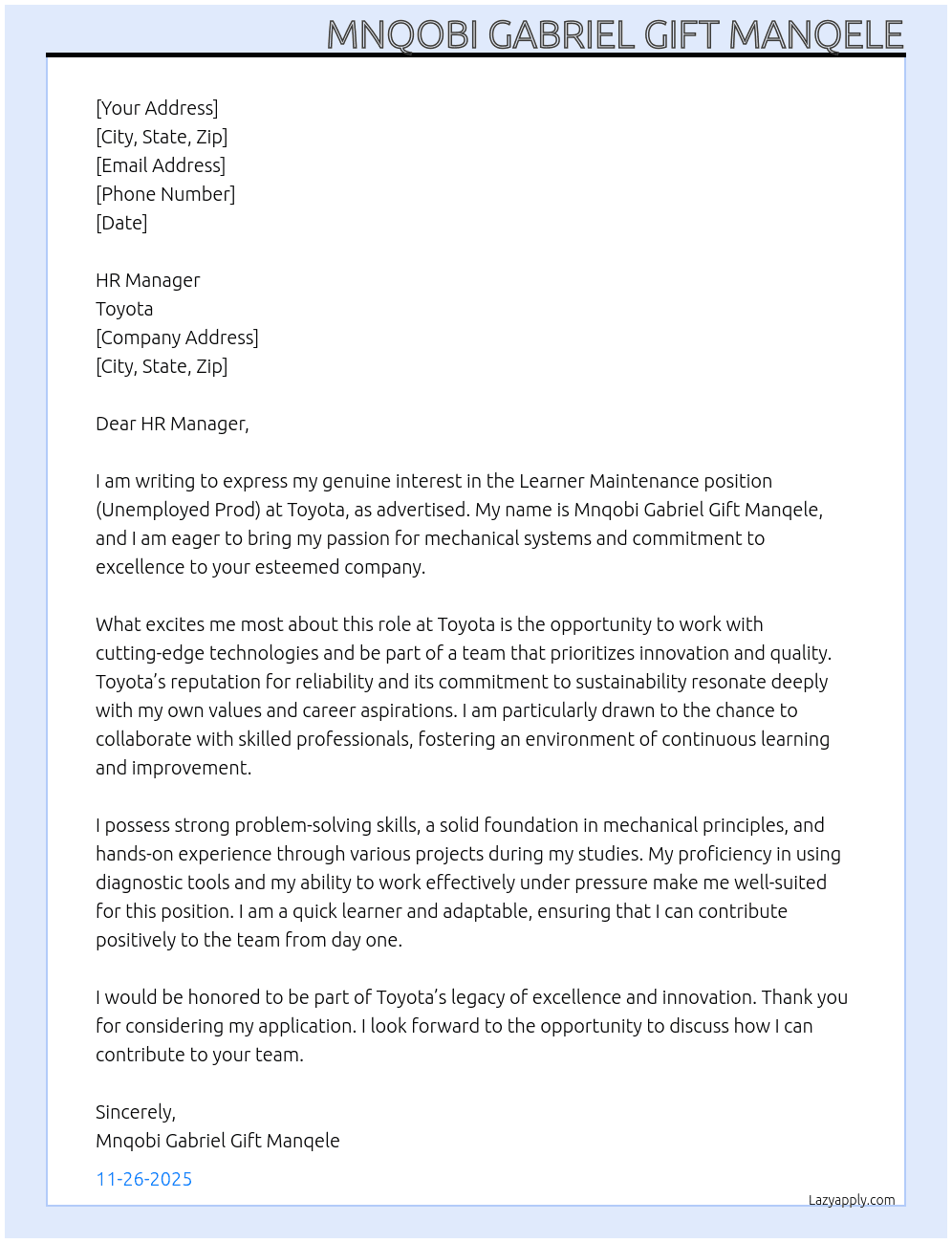 Learner Maintenance (Unemployed Prod) At Toyota Cover Letter