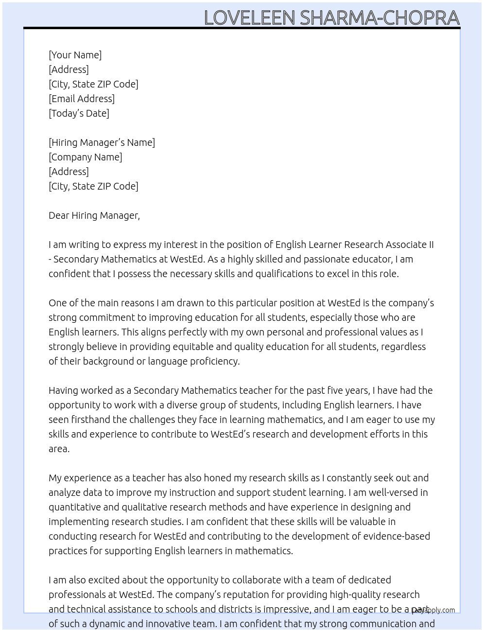 English Learner Research Associate II - Secondary Mathematics At WestEd Cover Letter